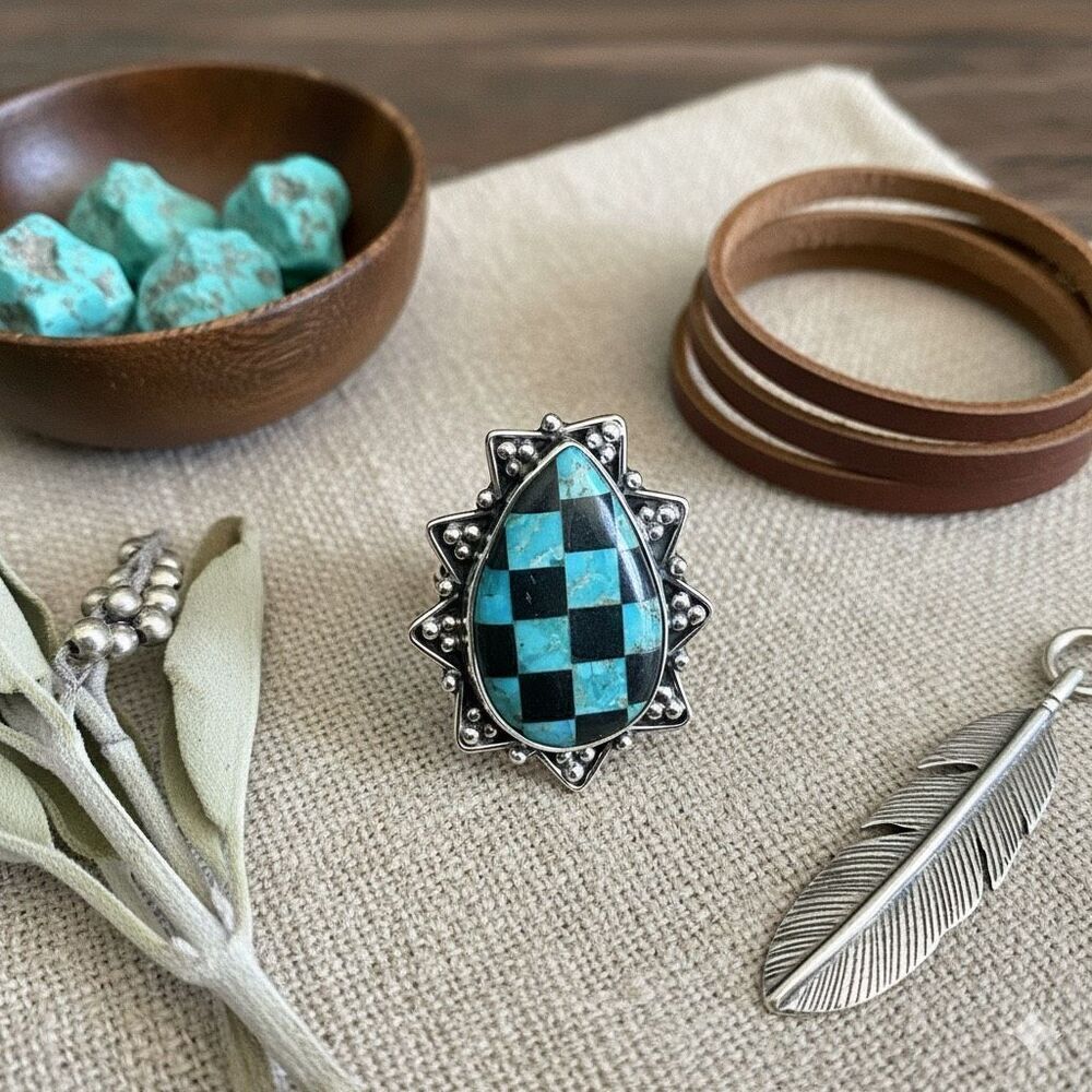 Trendy Southwest Aurora Opal And Onyx Checkerboard Sterling Silver Boho Ring